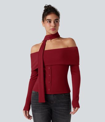 Ribbed Knit Off-shoulder Long Sleeve Built-in Bra Casual Top with Scarf