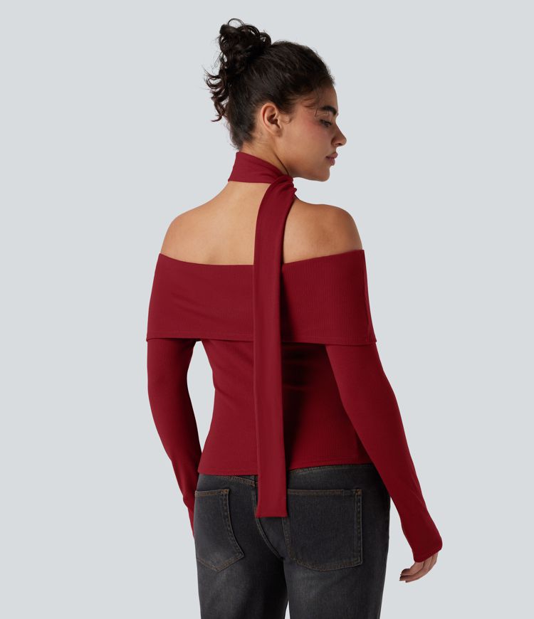 Ribbed Knit Off-shoulder Long Sleeve Built-in Bra Casual Top with Scarf