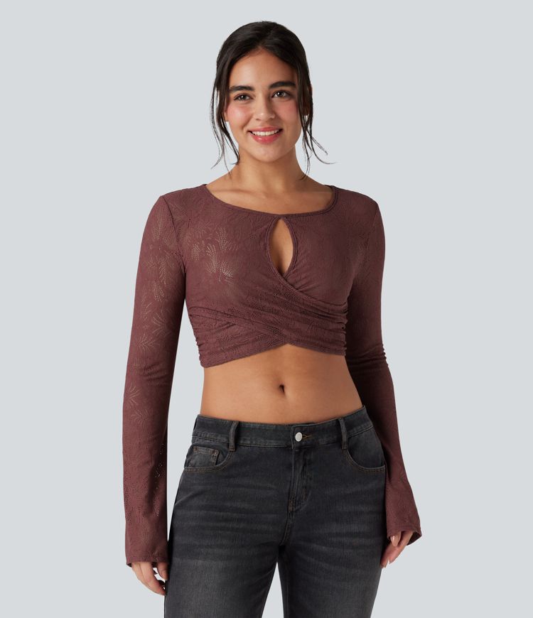 Round Neck Flounce Long Sleeve Lace Cut Out Cropped Casual Top