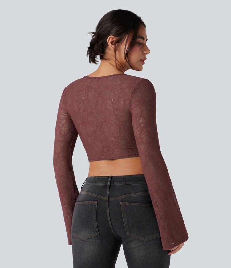 Round Neck Flounce Long Sleeve Lace Cut Out Cropped Casual Top