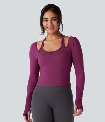 SoftlyZero™ Plush Halter Tie Back Contrast Mesh Long Sleeve Thumb Hole Yoga Sports Top