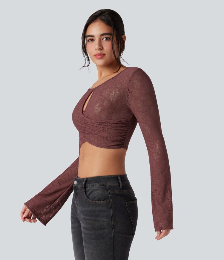 Round Neck Flounce Long Sleeve Lace Cut Out Cropped Casual Top