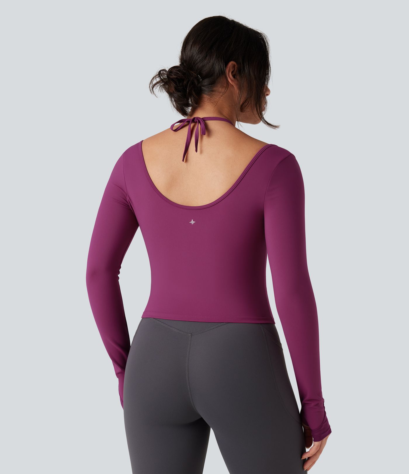 SoftlyZero™ Plush Halter Tie Back Contrast Mesh Long Sleeve Thumb Hole Yoga Sports Top