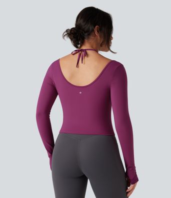 SoftlyZero™ Plush Halter Tie Back Contrast Mesh Long Sleeve Thumb Hole Yoga Sports Top