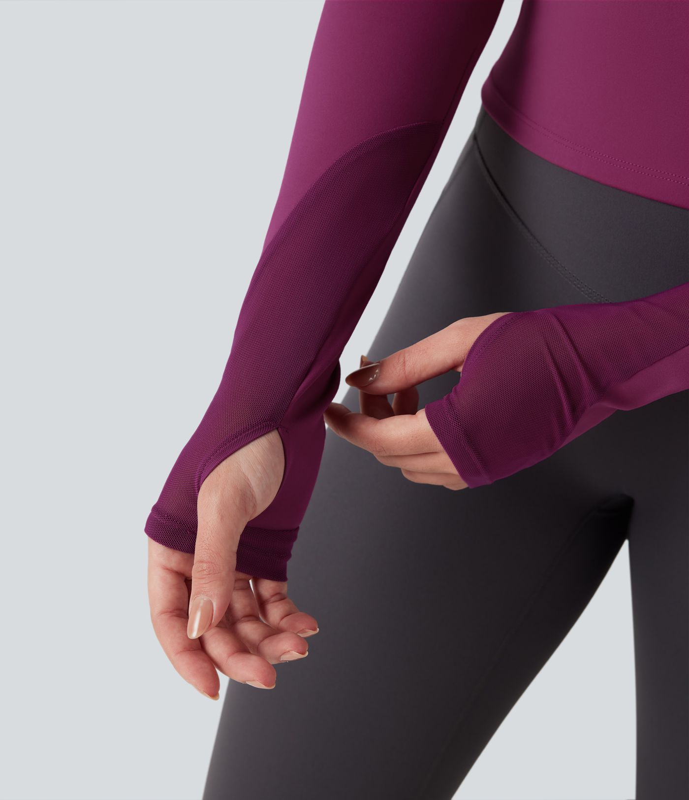 SoftlyZero™ Plush Halter Tie Back Contrast Mesh Long Sleeve Thumb Hole Yoga Sports Top