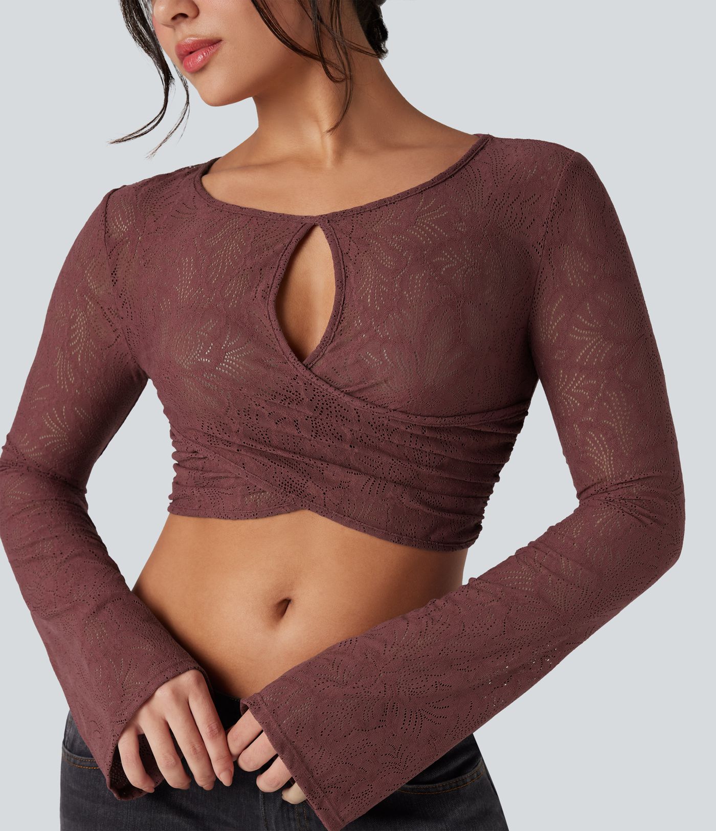 Round Neck Flounce Long Sleeve Lace Cut Out Cropped Casual Top