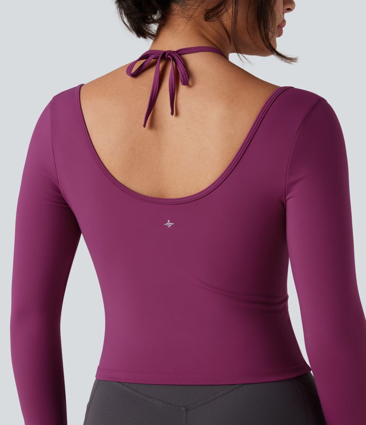 SoftlyZero™ Plush Halter Tie Back Contrast Mesh Long Sleeve Thumb Hole Yoga Sports Top