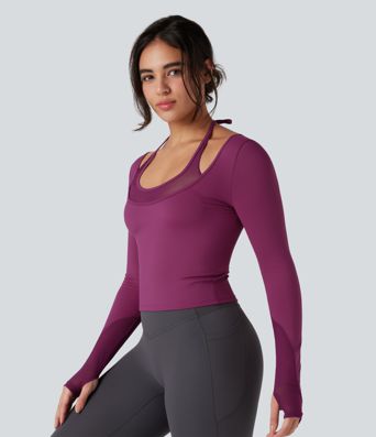 SoftlyZero™ Plush Halter Tie Back Contrast Mesh Long Sleeve Thumb Hole Yoga Sports Top