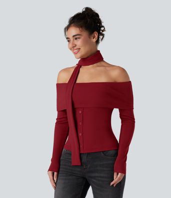 Ribbed Knit Off-shoulder Long Sleeve Built-in Bra Casual Top with Scarf