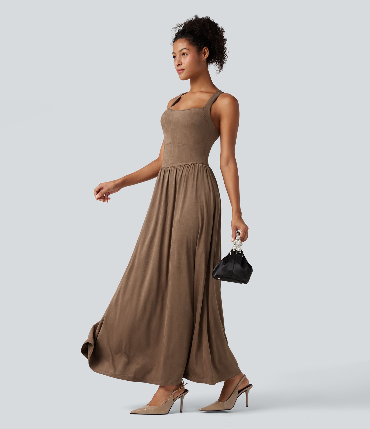 Square Neck Suede Flowy Maxi Dress
