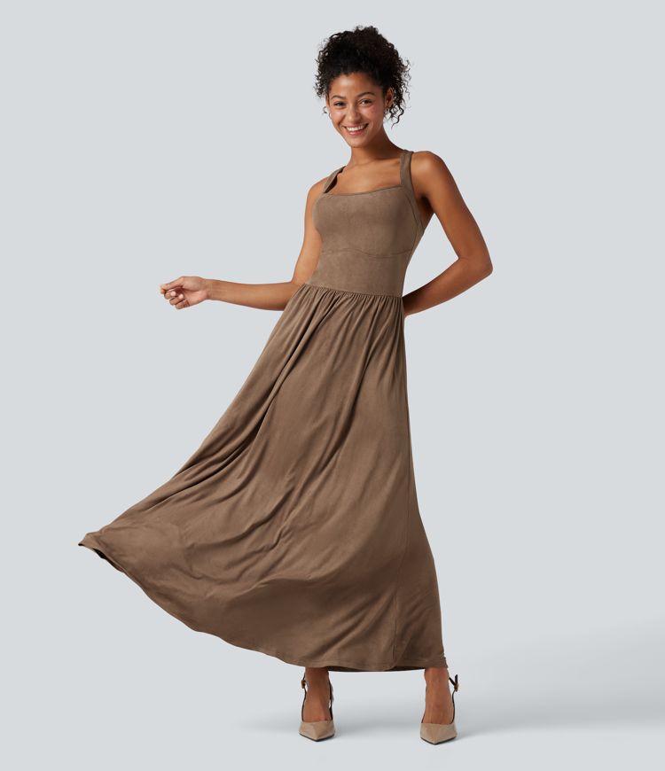 Square Neck Suede Flowy Maxi Dress