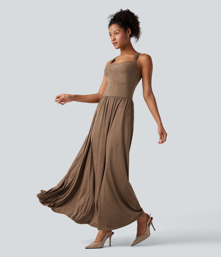 Square Neck Suede Flowy Maxi Dress