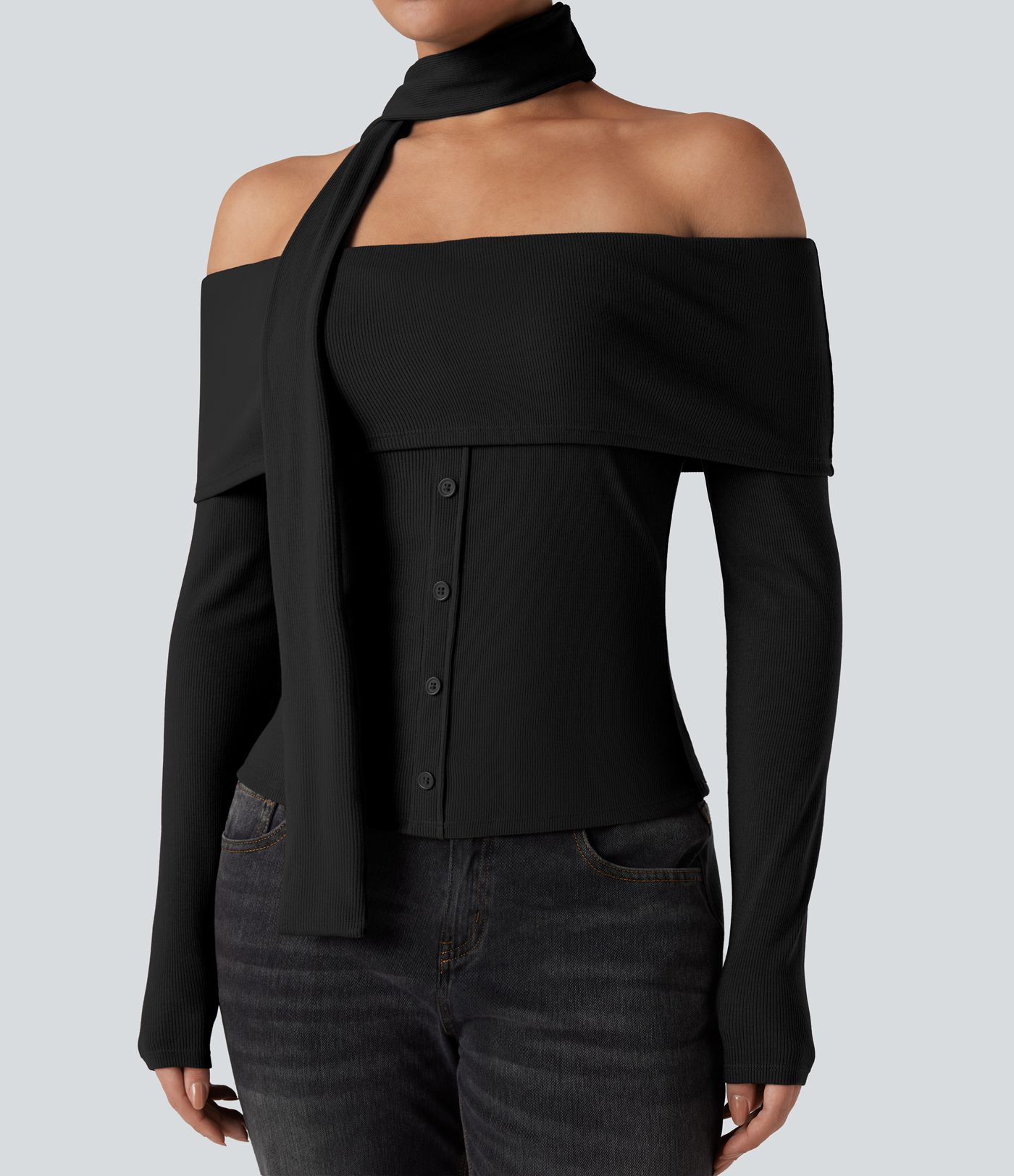 Ribbed Knit Off-shoulder Long Sleeve Built-in Bra Casual Top with Scarf