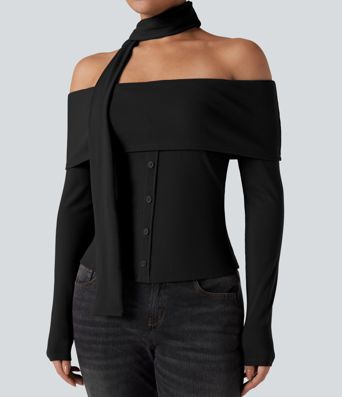 Ribbed Knit Off-shoulder Long Sleeve Built-in Bra Casual Top with Scarf