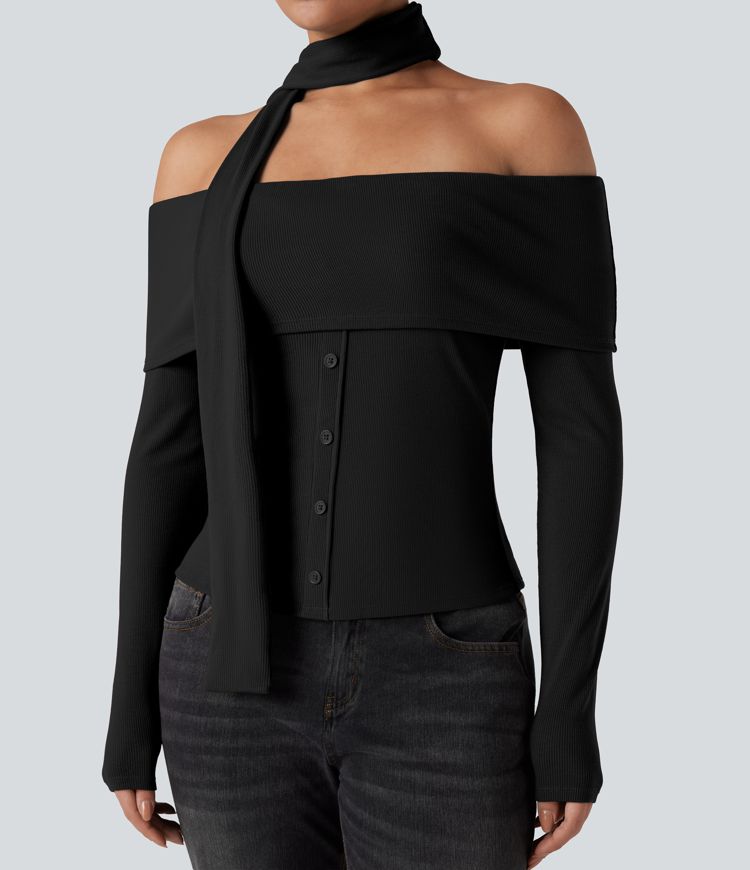Ribbed Knit Off-shoulder Long Sleeve Built-in Bra Casual Top with Scarf