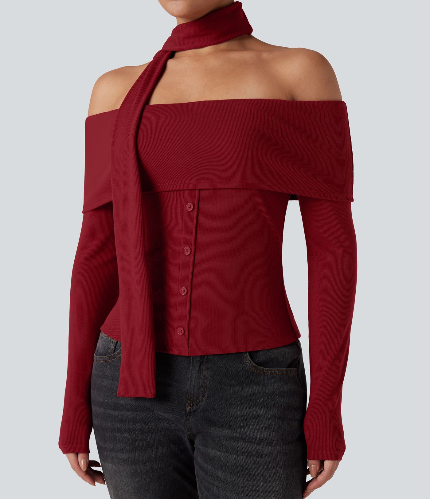 Ribbed Knit Off-shoulder Long Sleeve Built-in Bra Casual Top with Scarf