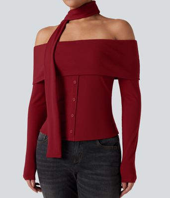 Ribbed Knit Off-shoulder Long Sleeve Built-in Bra Casual Top with Scarf