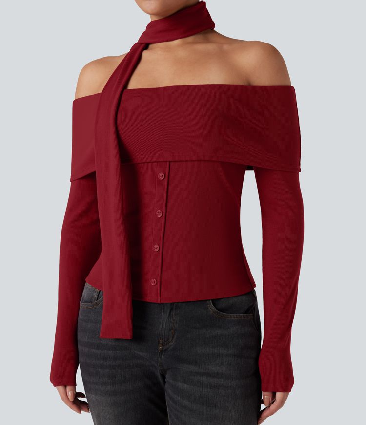 Ribbed Knit Off-shoulder Long Sleeve Built-in Bra Casual Top with Scarf