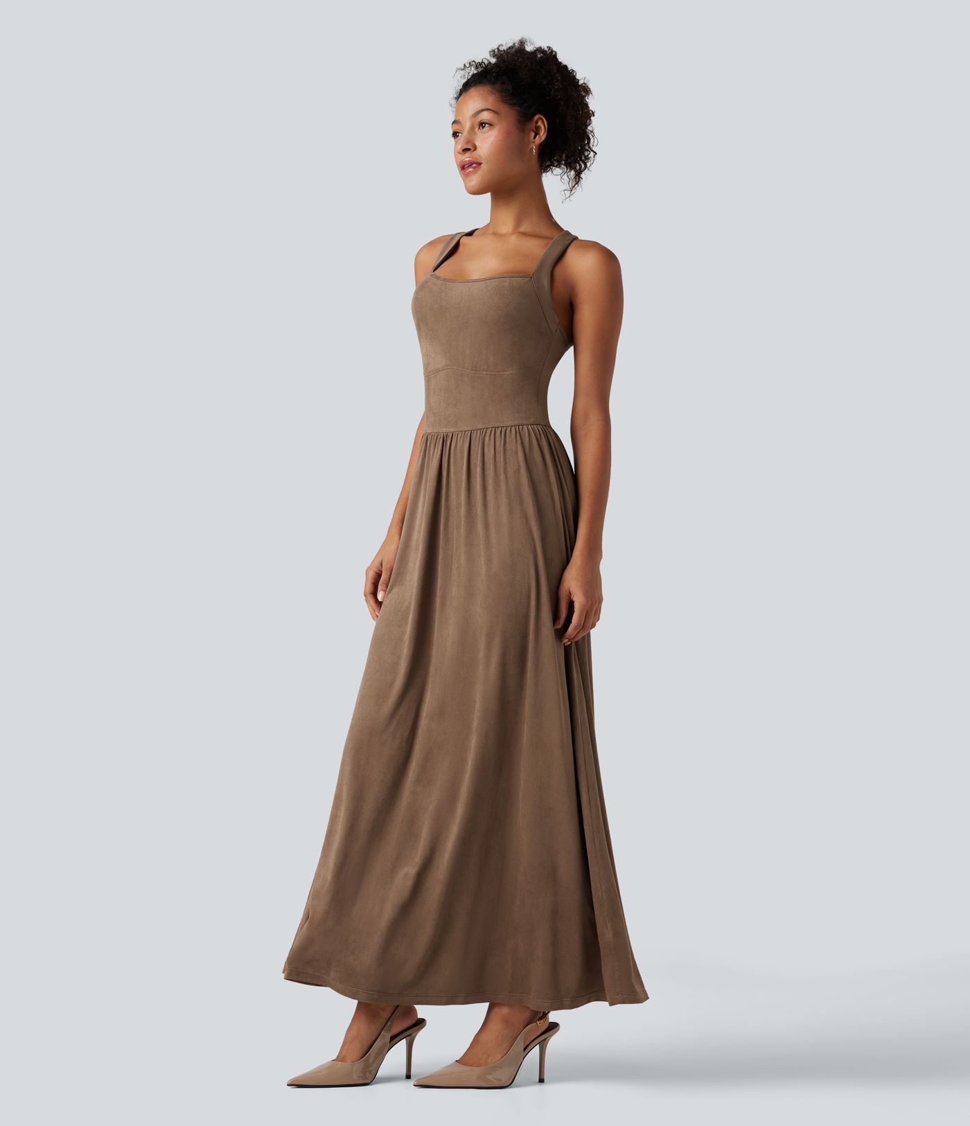 Square Neck Suede Flowy Maxi Dress