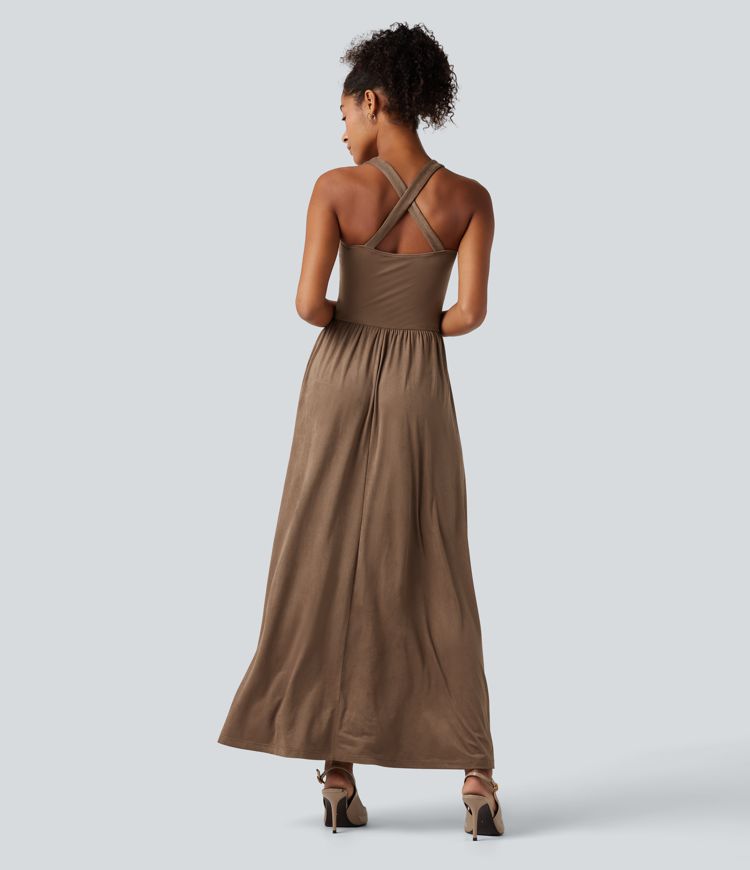 Square Neck Suede Flowy Maxi Dress
