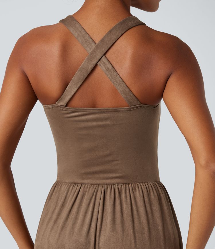 Square Neck Suede Flowy Maxi Dress