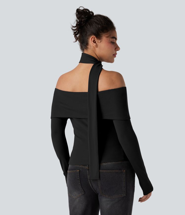 Ribbed Knit Off-shoulder Long Sleeve Built-in Bra Casual Top with Scarf