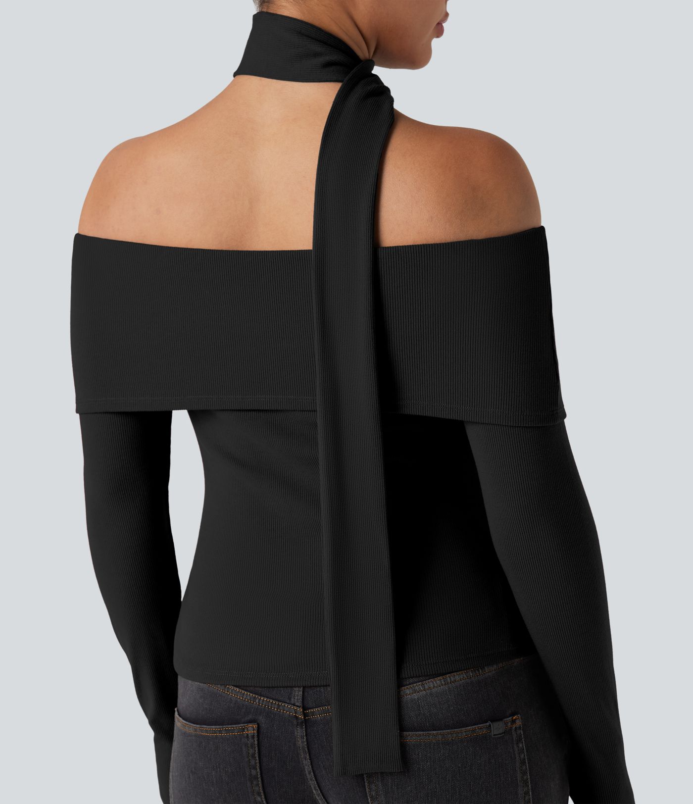 Ribbed Knit Off-shoulder Long Sleeve Built-in Bra Casual Top with Scarf