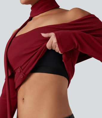 Ribbed Knit Off-shoulder Long Sleeve Built-in Bra Casual Top with Scarf