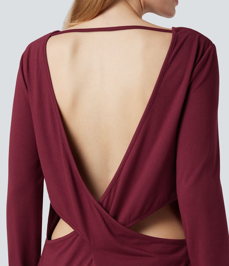 Top de sport yoga col bateau manches longues dos nu avec trous pouces