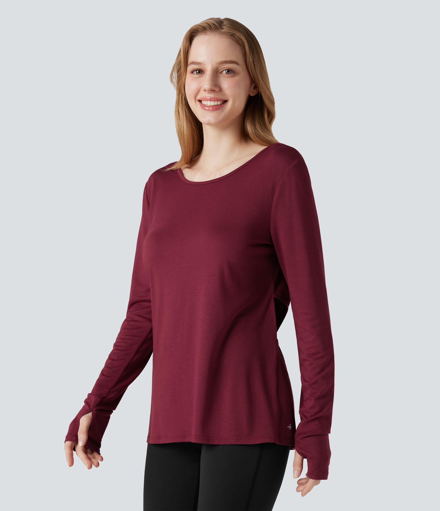 Top de sport yoga col bateau manches longues dos nu avec trous pouces