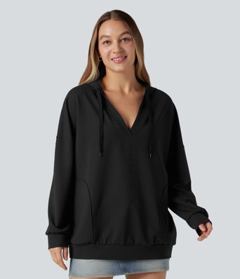 Hooded V-neck Long Sleeve Relaxed Casual Sweatshirt with Pockets