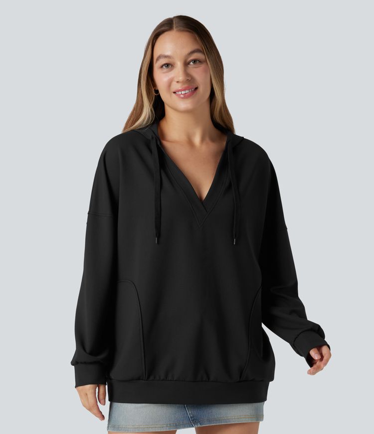 Hooded V-neck Long Sleeve Relaxed Casual Sweatshirt with Pockets