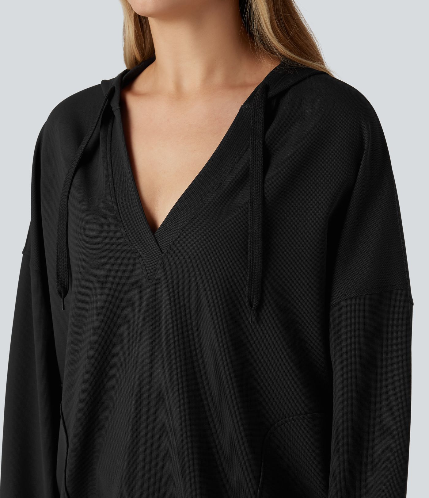 Hooded V-neck Long Sleeve Relaxed Casual Sweatshirt with Pockets