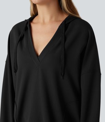 Hooded V-neck Long Sleeve Relaxed Casual Sweatshirt with Pockets