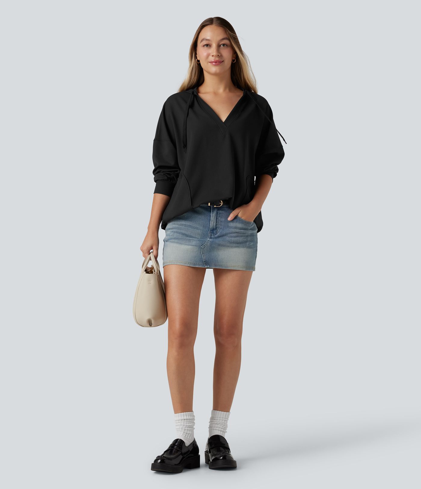 Hooded V-neck Long Sleeve Relaxed Casual Sweatshirt with Pockets