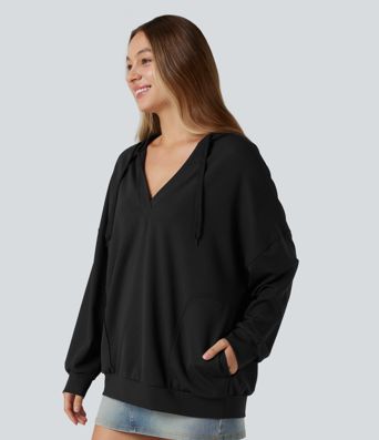 Hooded V-neck Long Sleeve Relaxed Casual Sweatshirt with Pockets