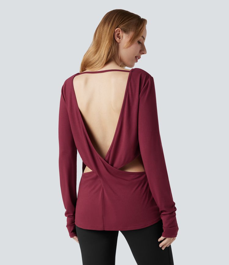 Top de sport yoga col bateau manches longues dos nu avec trous pouces