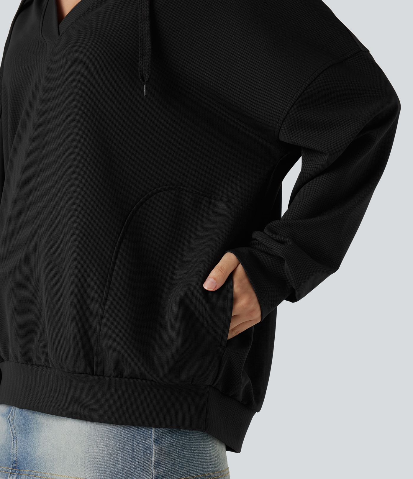 Hooded V-neck Long Sleeve Relaxed Casual Sweatshirt with Pockets