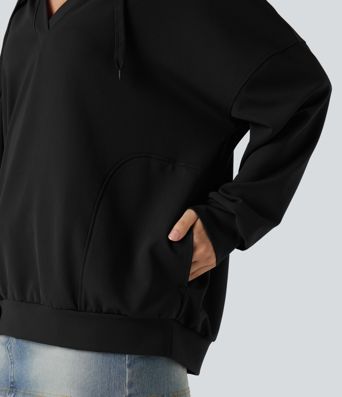 Hooded V-neck Long Sleeve Relaxed Casual Sweatshirt with Pockets