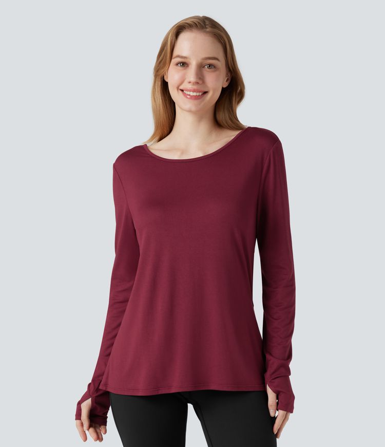 Top de sport yoga col bateau manches longues dos nu avec trous pouces