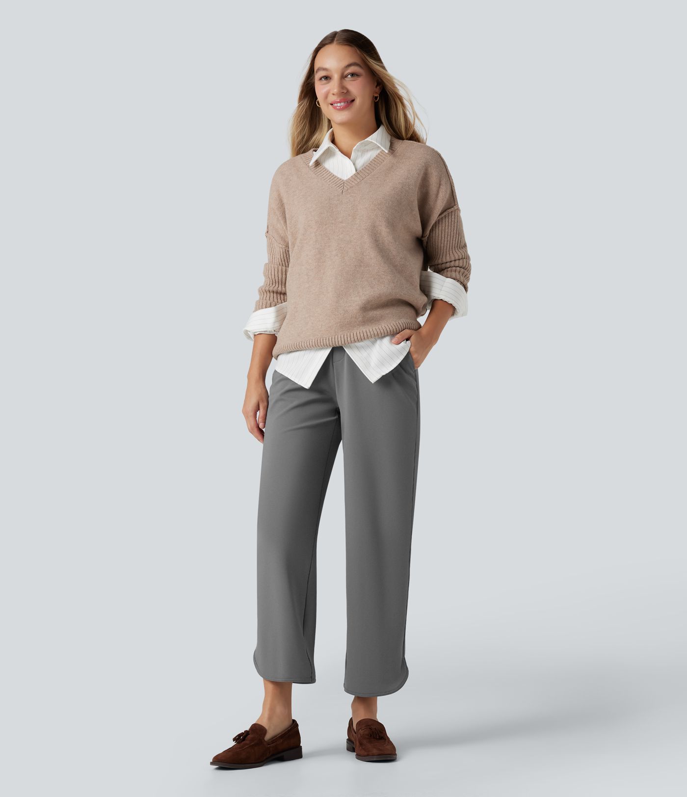 Halara Flex™ DayStretch Mid Rise Curved Hem Straight Leg Work Trousers with Pockets