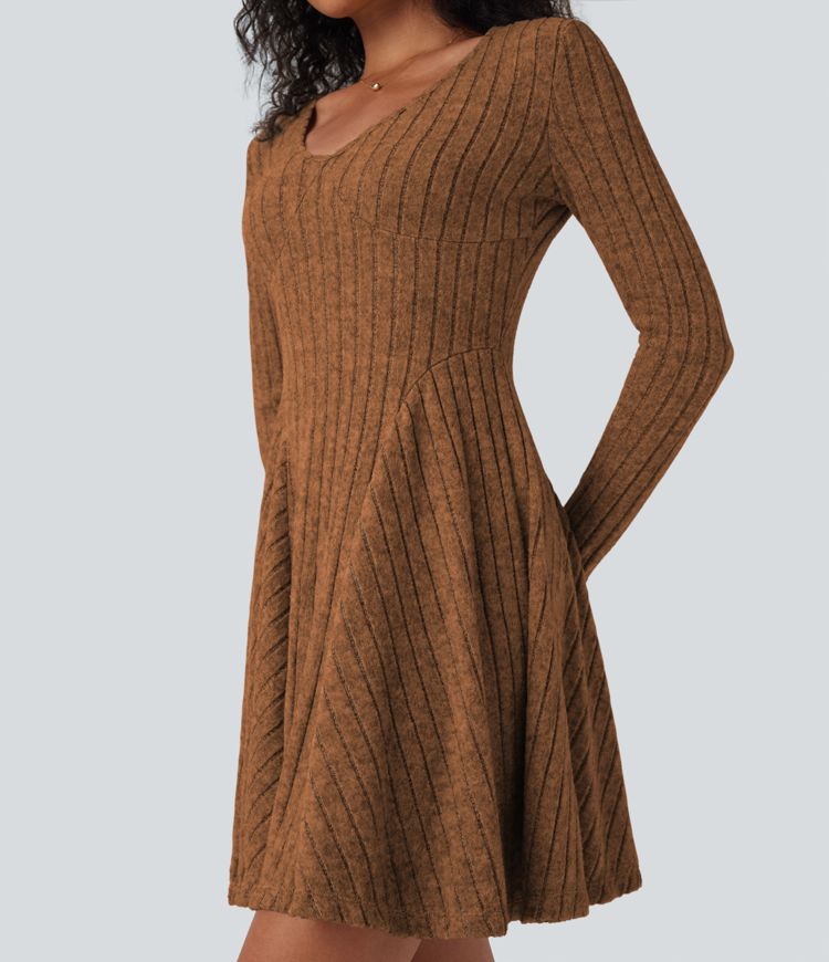 Ribbed Knit V Neck Long Sleeve Flare Mini Casual Dress