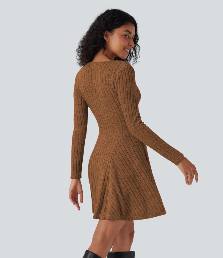 Ribbed Knit V Neck Long Sleeve Flare Mini Casual Dress