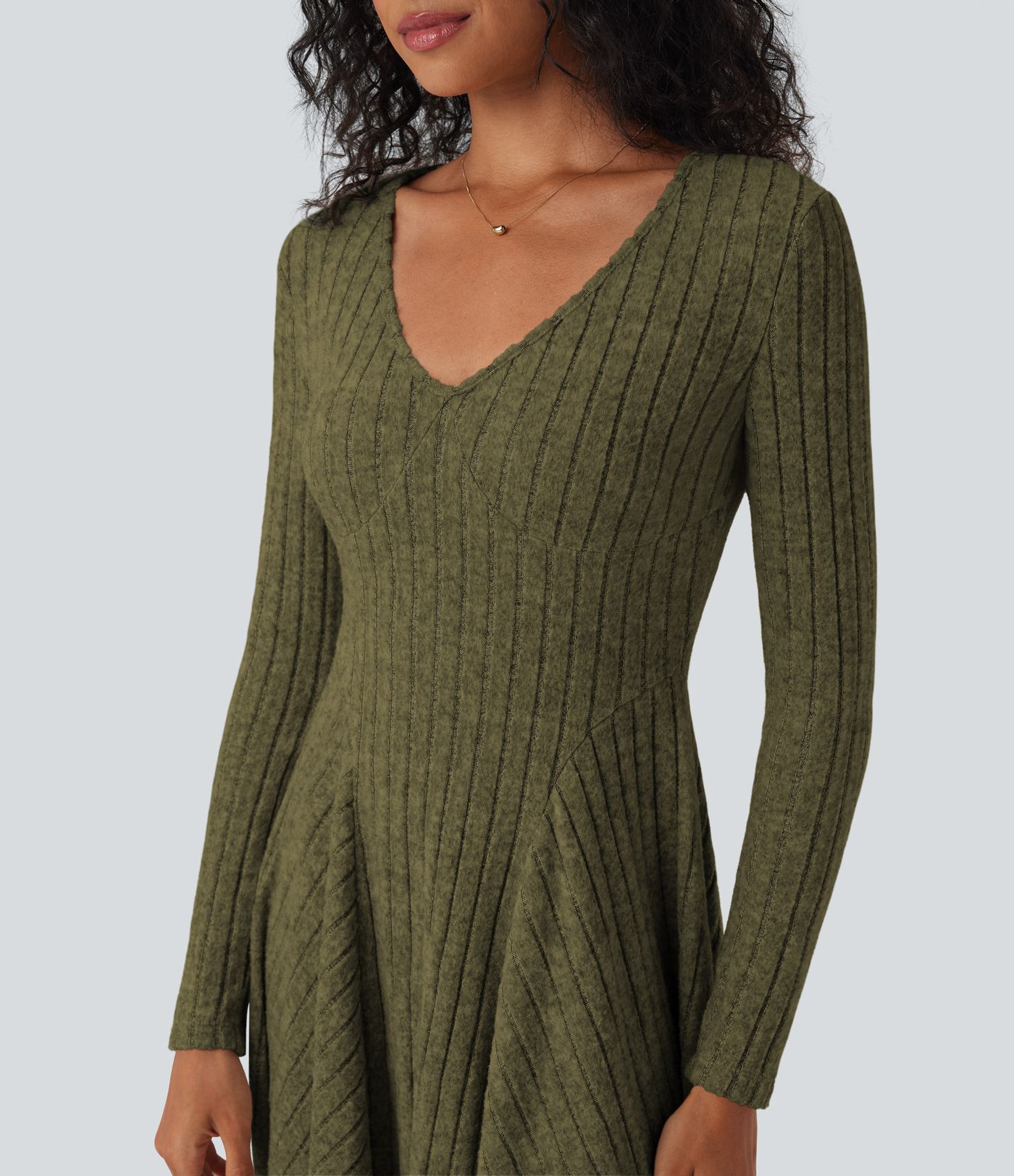 Ribbed Knit V Neck Long Sleeve Flare Mini Casual Dress