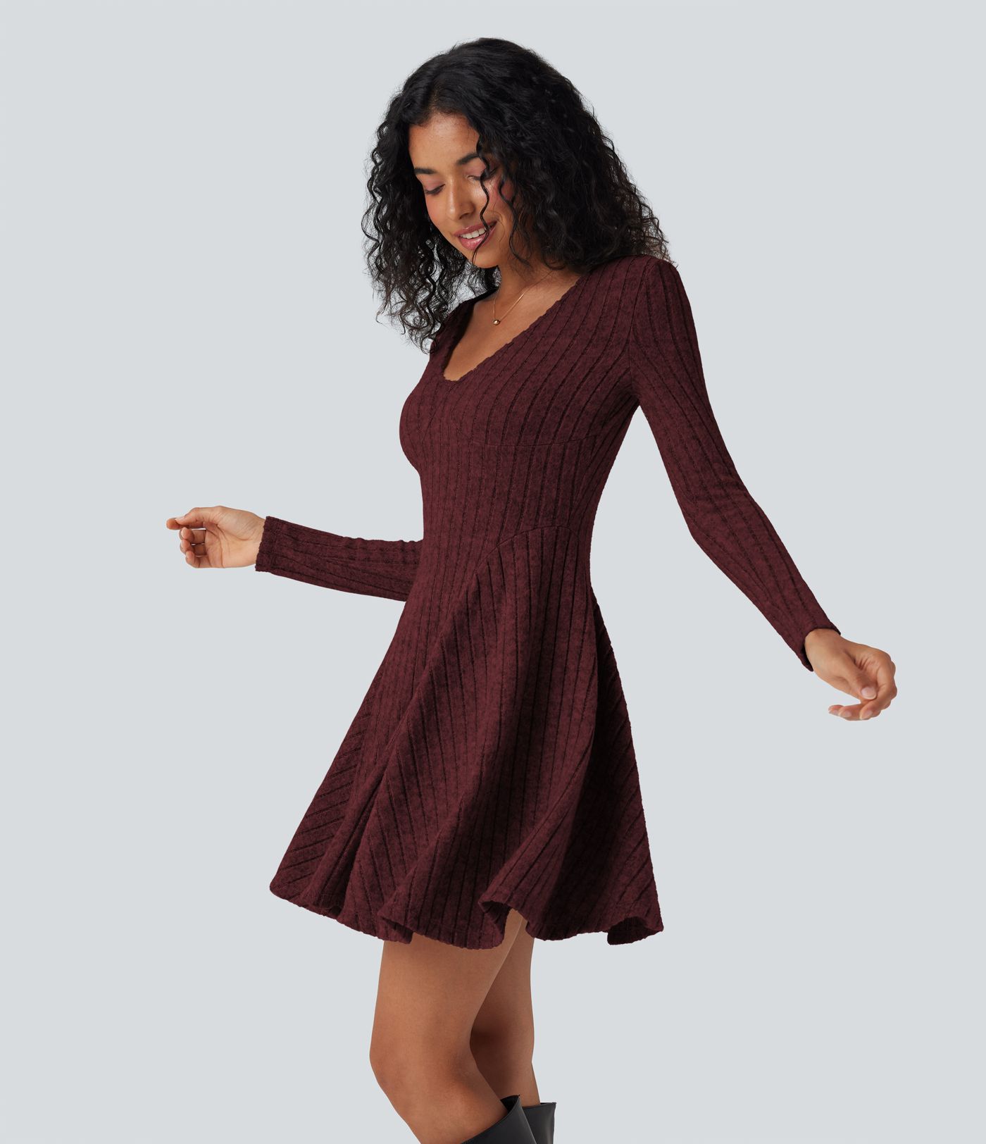 Ribbed Knit V Neck Long Sleeve Flare Mini Casual Dress