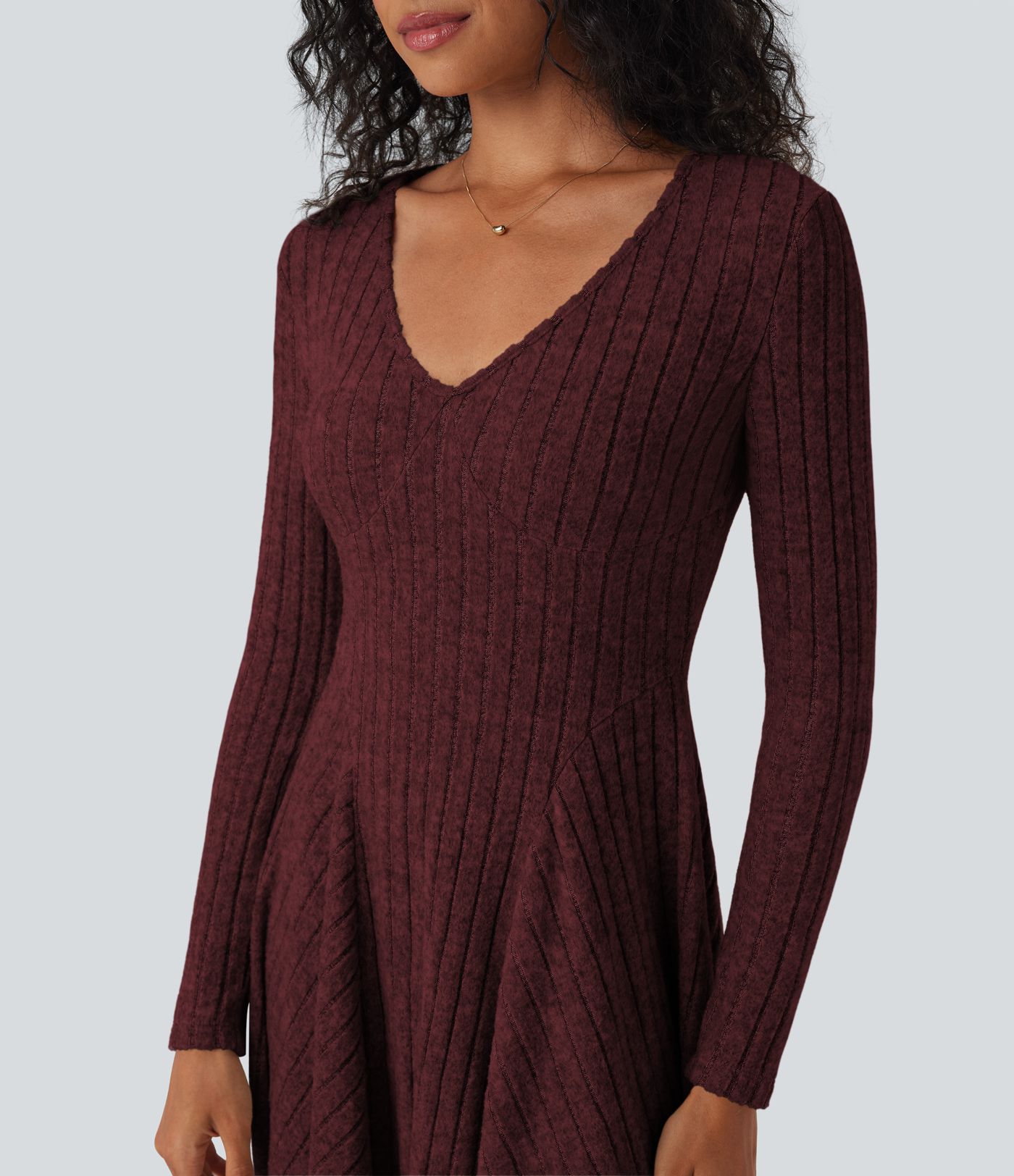 Ribbed Knit V Neck Long Sleeve Flare Mini Casual Dress