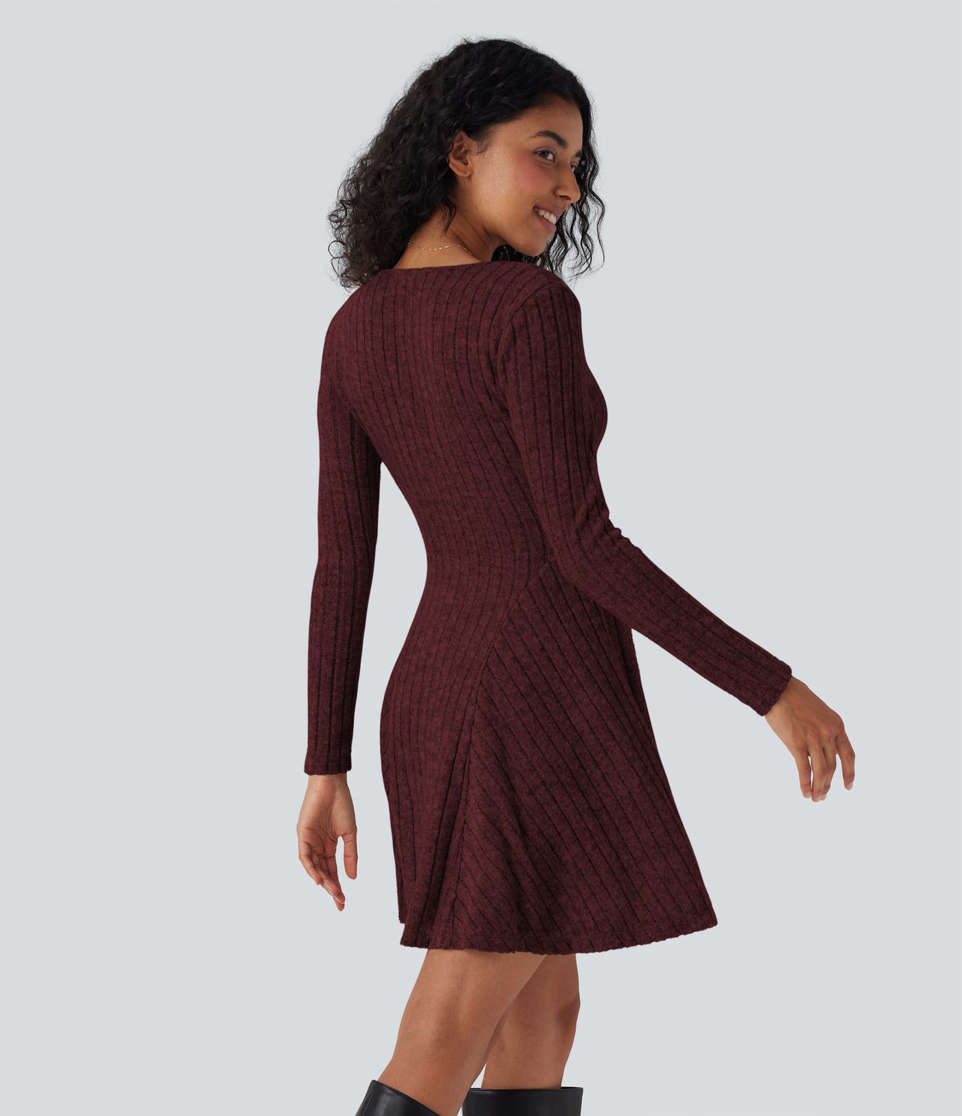 Ribbed Knit V Neck Long Sleeve Flare Mini Casual Dress