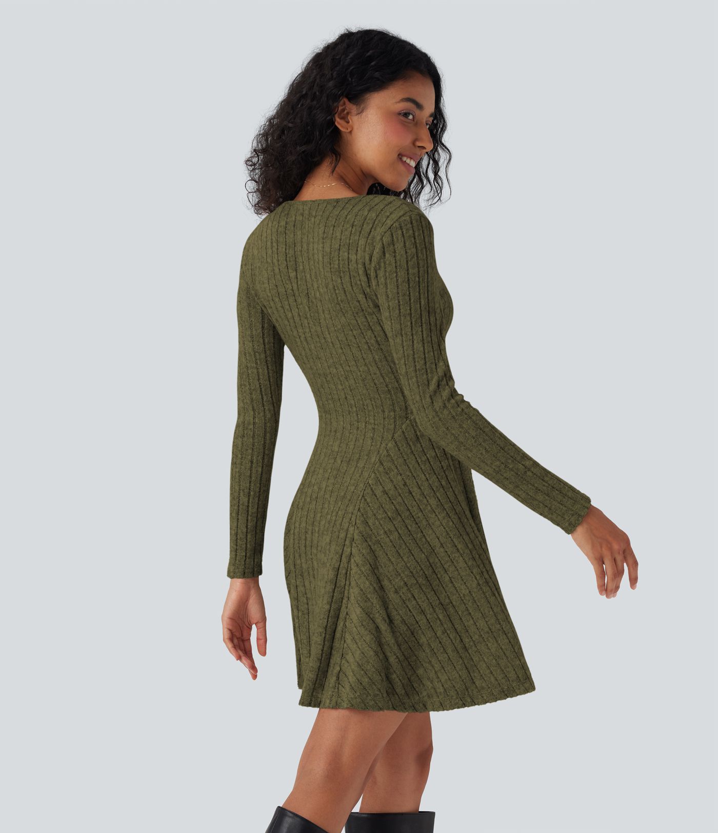 Ribbed Knit V Neck Long Sleeve Flare Mini Casual Dress