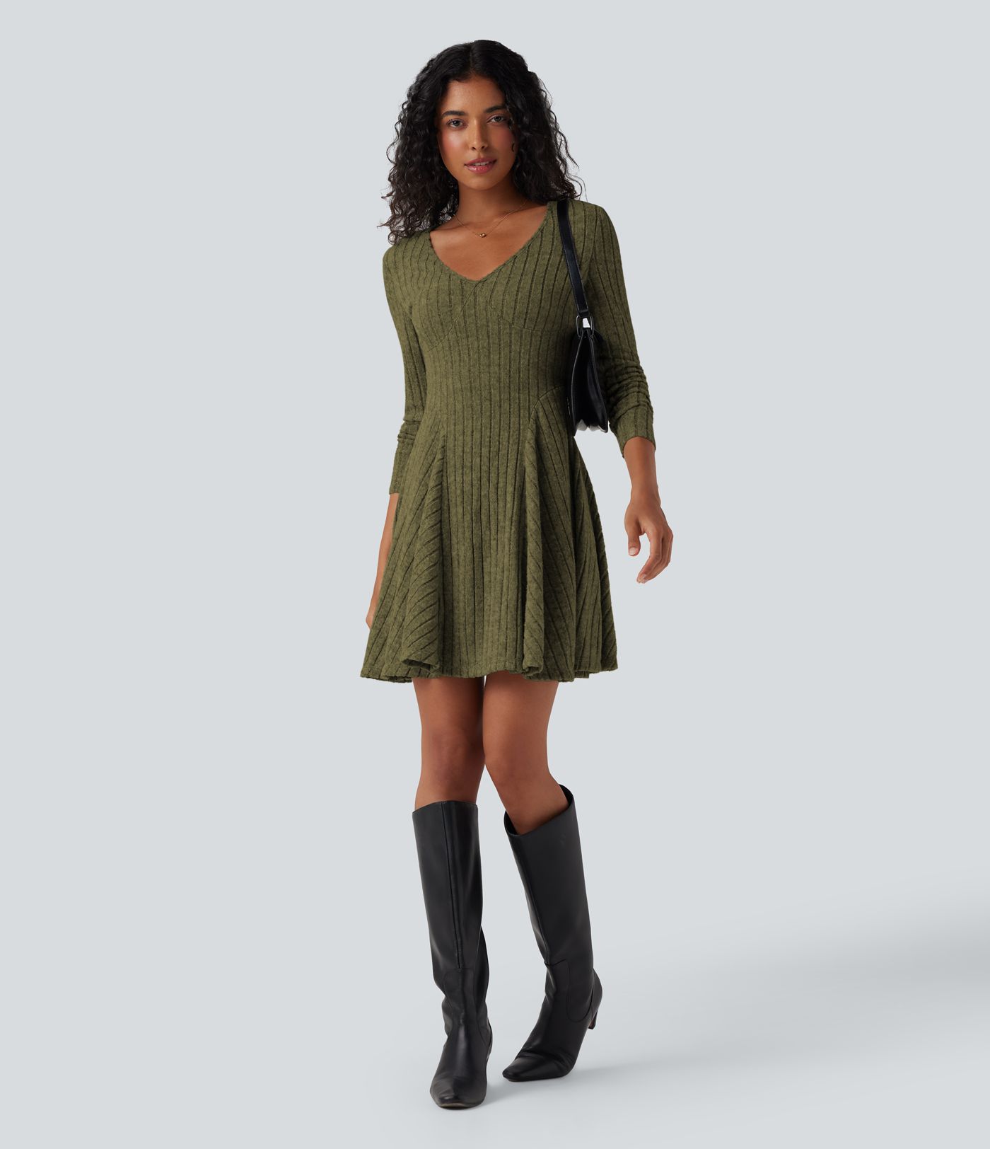 Ribbed Knit V Neck Long Sleeve Flare Mini Casual Dress
