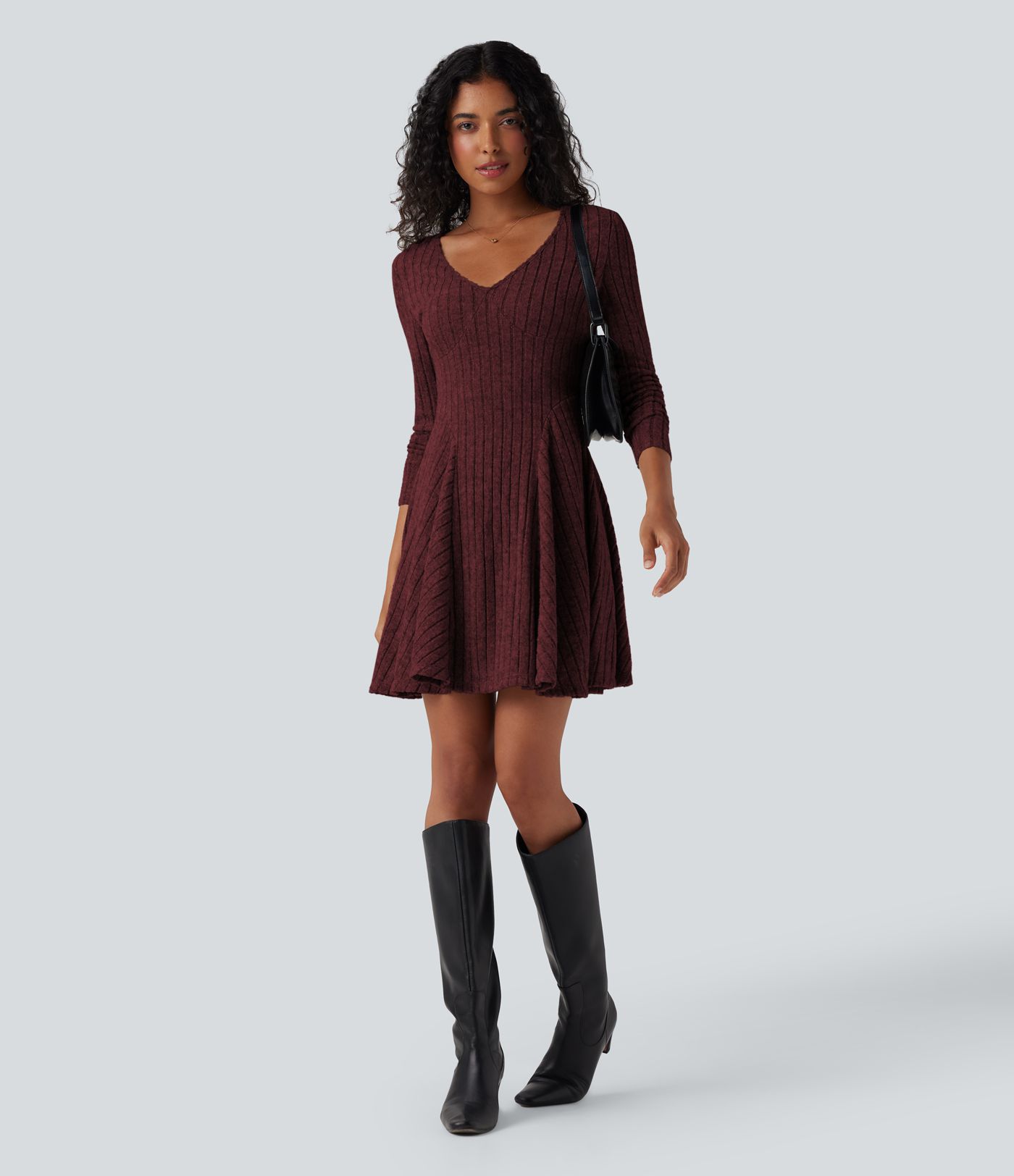 Ribbed Knit V Neck Long Sleeve Flare Mini Casual Dress